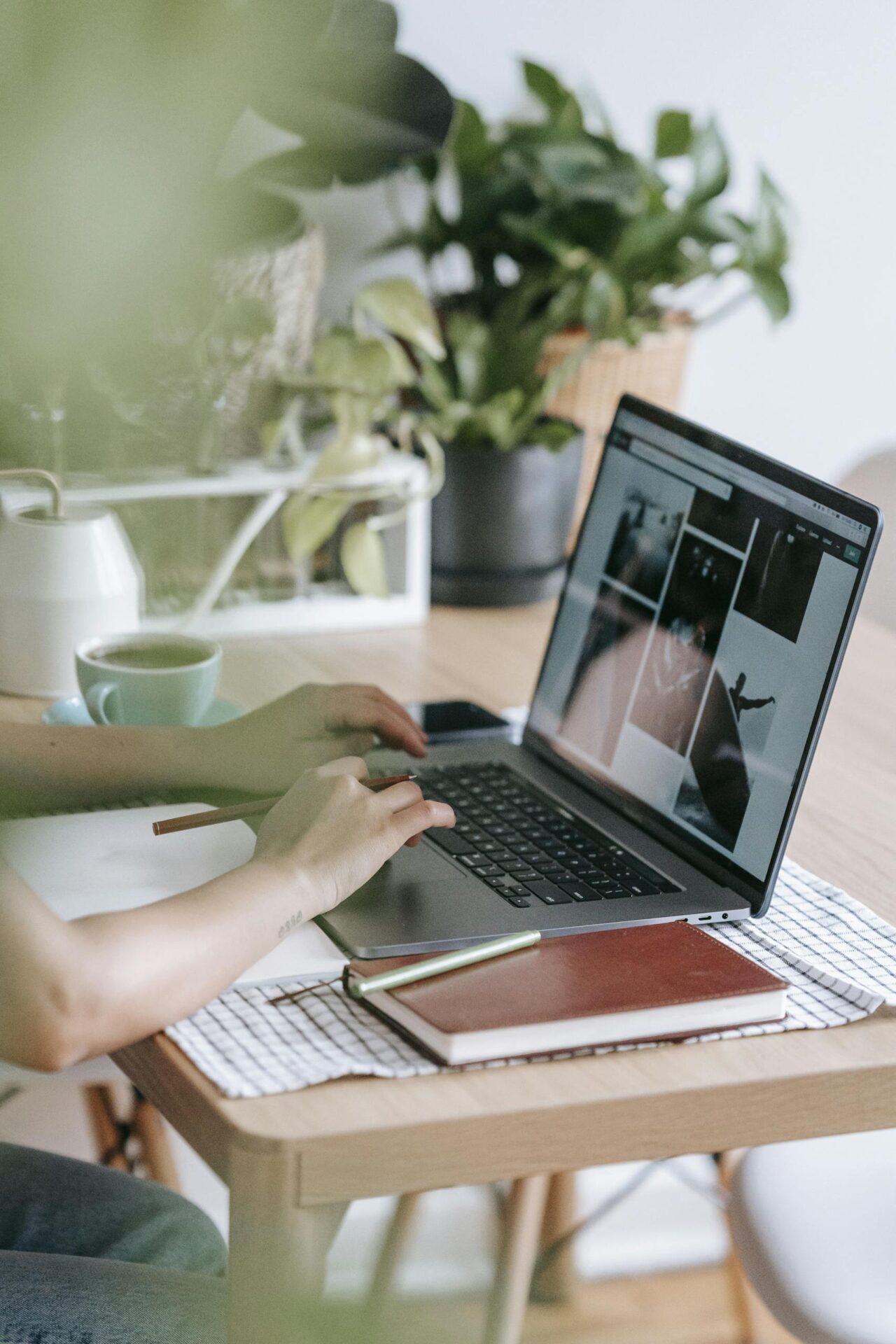 Crop unrecognizable freelancer typing on netbook while sitting at table with notebook and tea cup near potted green plants in light room